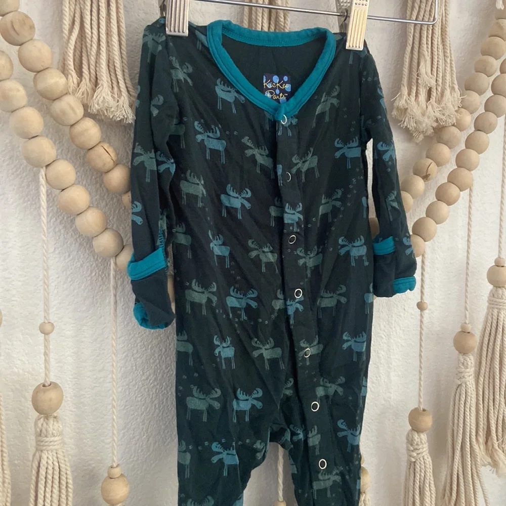 Kickee Pants Footie Pajamas Pine Moose green blue onesie jumper 3-6 months